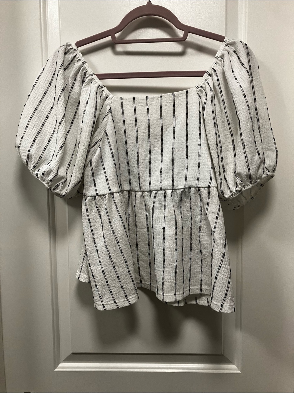Madewell Smocked Puff Sleeve Peplum Blouse White Black Striped Size S
